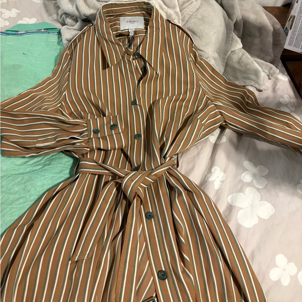 LK Bennett Tan and White Striped Long Sleeve Dress - Picture 6 of 7